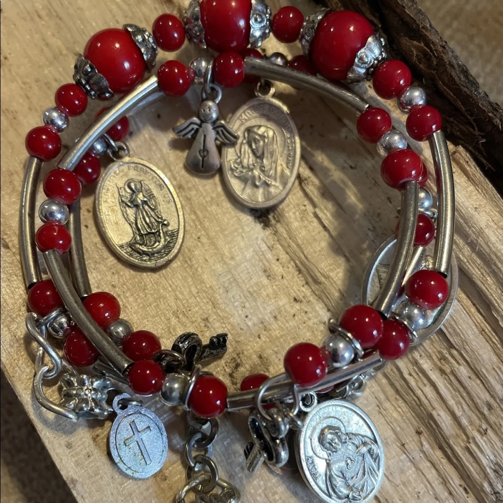 Vintage Triple Wrap Charm Bracelet Red Bead Christian Saints Angels Cross Charms